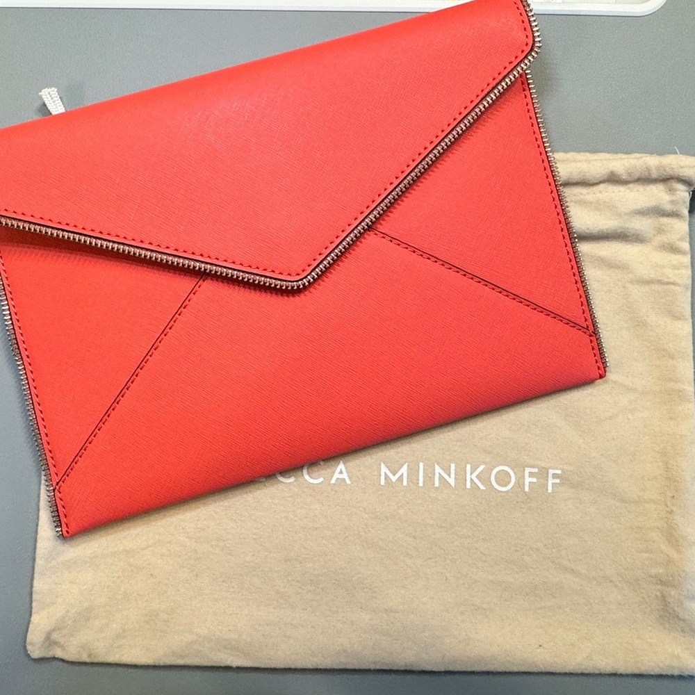 NWOT Rebecca Minkoff Leo Envelope Clutch Gold Zip Trim in Pink Coral